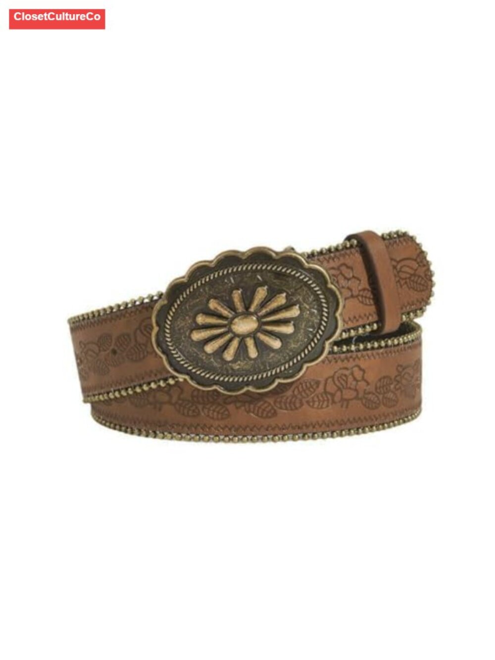 Western Faux Leather Belt Floral Embossed Oval Buckle Cowgirl